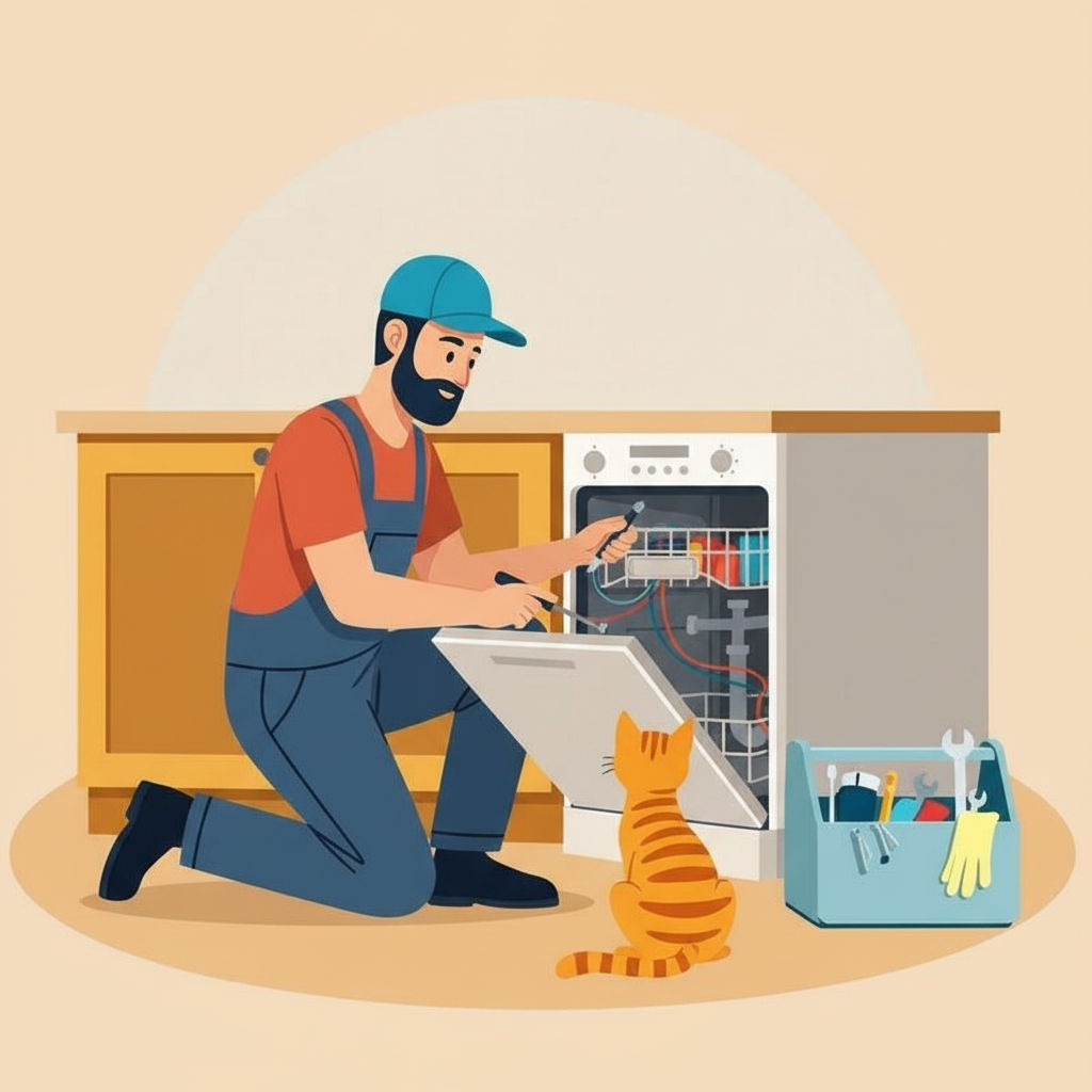 Tecnico ripara una lavastoviglie mentre un gatto lo guarda