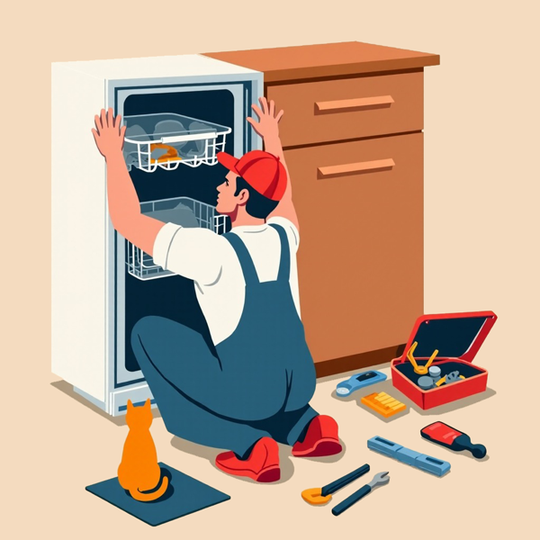 Tecnico ripara una lavastoviglie mentre un gatto lo guarda