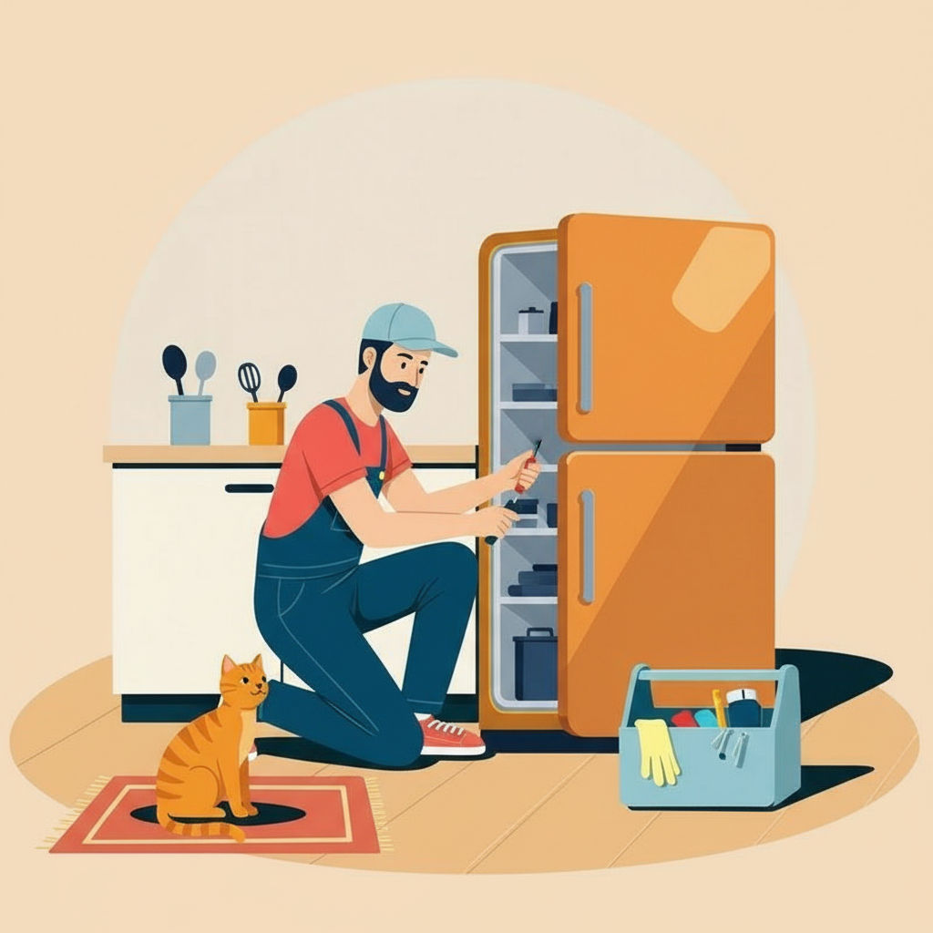 Tecnico ripara una lavastoviglie mentre un gatto lo guarda