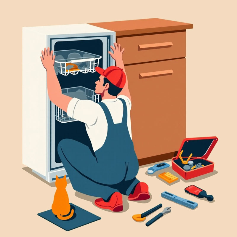 tecnico ripara lavastoviglie mentre un gatto guarda a Bologna