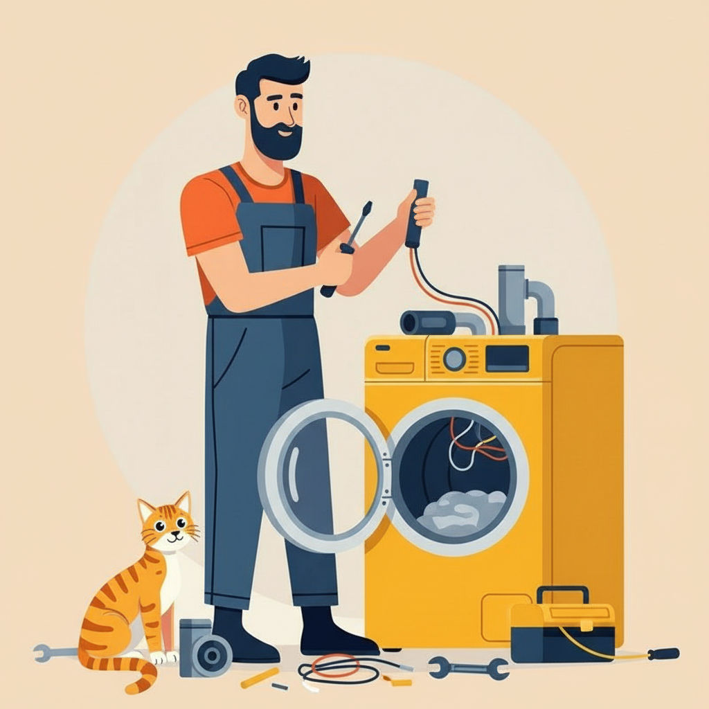 Tecnico ripara una lavastoviglie mentre un gatto lo guarda