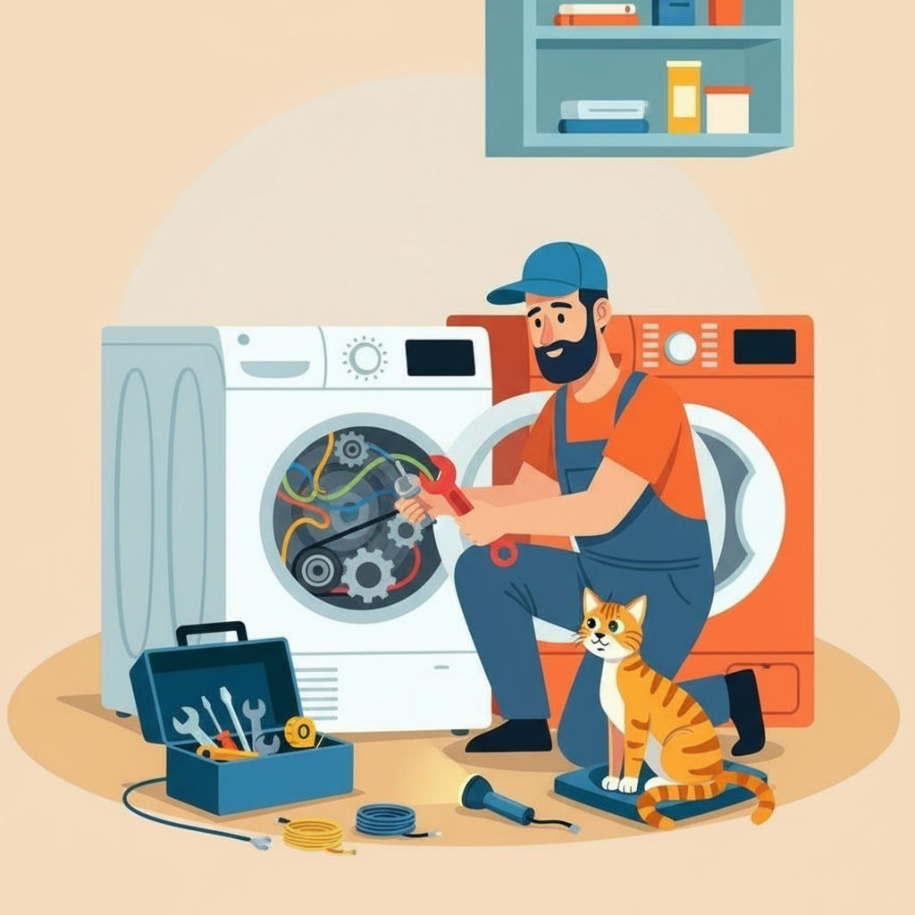 tecnico interviene su asciugatrice mentre gatto guarda a Bologna